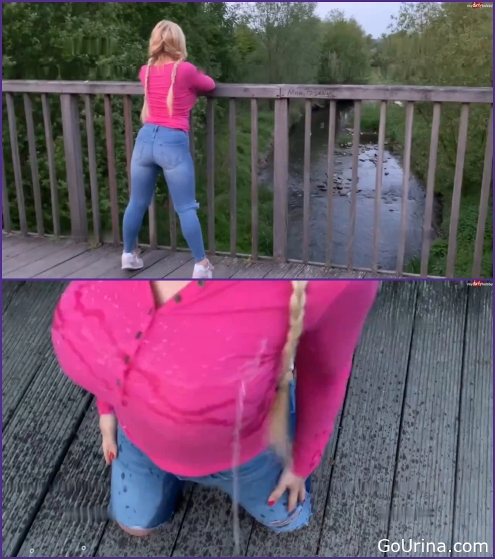 SteffiBlond - Wet in jeans on a stream bridge and full body champagne shower