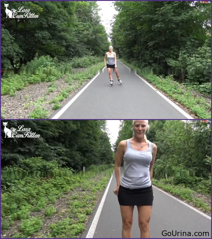 Lara In the middle of the bike path – PUBLIC PISS while inline skating 2025
